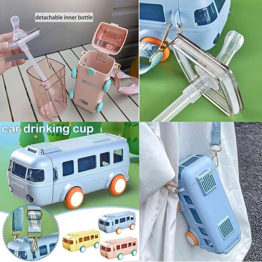 Novelty Portable Water Cup In Bus Shape With Strap For Kids Plastic Large Capacity Leak-Proof  Straw Cup Gift for Childern