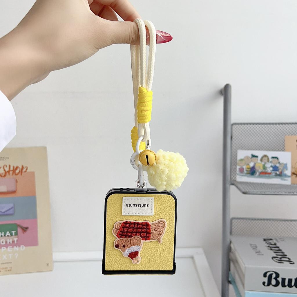 For Samsung Galaxy Z Flip6 5G Case Cute Dog Hinge Protection Litchi Texture Phone Cover with Wrist Strap