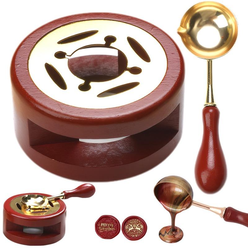1set Wooden Paint Melting Pot Spoon Handle Spoon Wax Pad Kit Wax Heater Matching Stove Small Set Fire Paint Seal Accessories