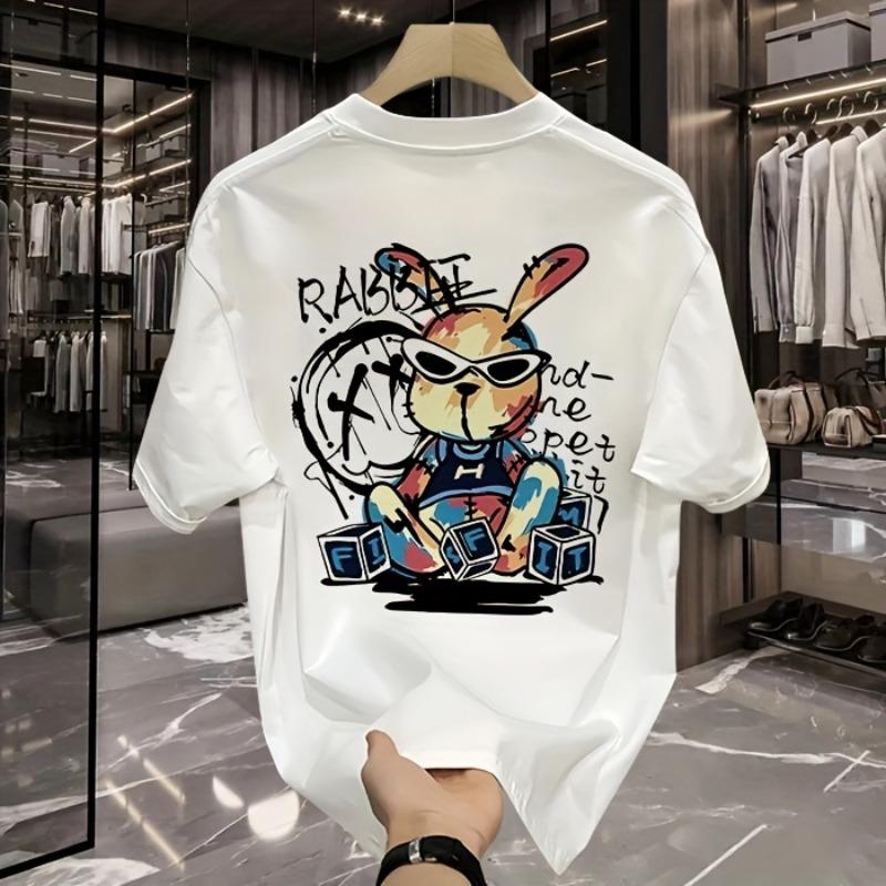 Lockeres T-Shirt mit Hasen- und Karnevalsmusterdruck Lockeres Party-Hase Karneval Design Atmungsaktives Oberteil mit Rundhalsausschnitt und kurzen Ärmeln