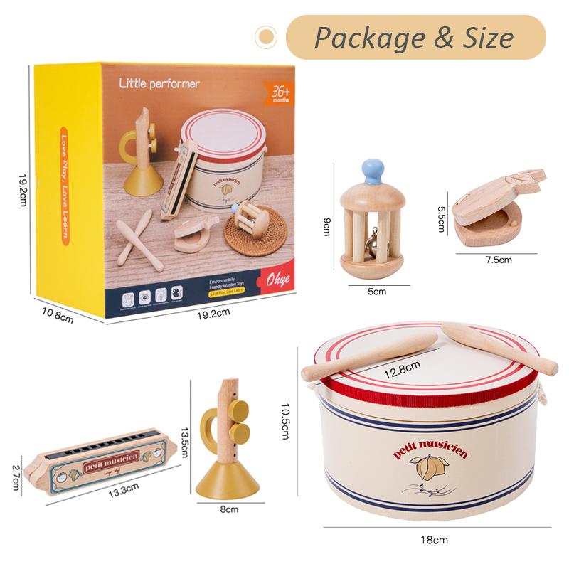 

5pcs Musical Instrument Toys Set Wooden Percussion Drum Castanets Harmonica Music Toys Educational Montessori Toys for Kids Gift