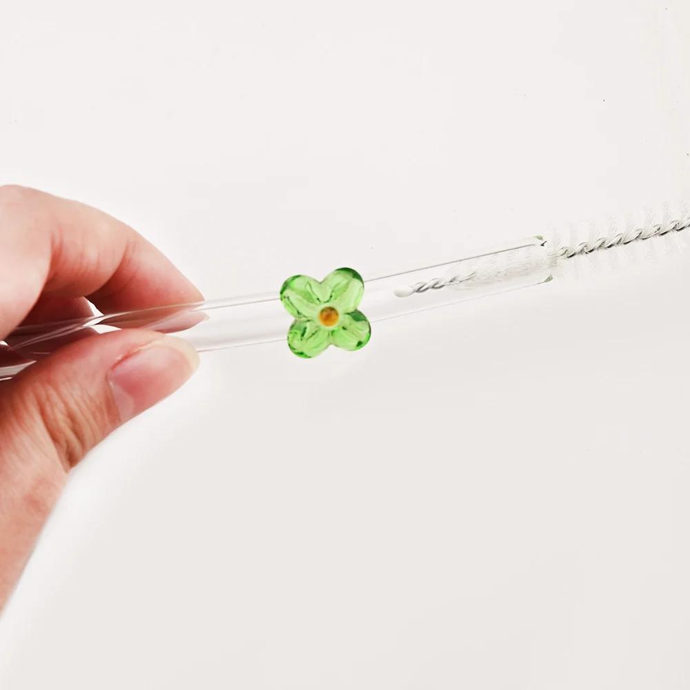 6Pcs Drinking Straw with Brush Set High Borosilicate Glass Flower Bent Straws Set Milk Coffee Shake Cocktail Straw Bar Drinkware