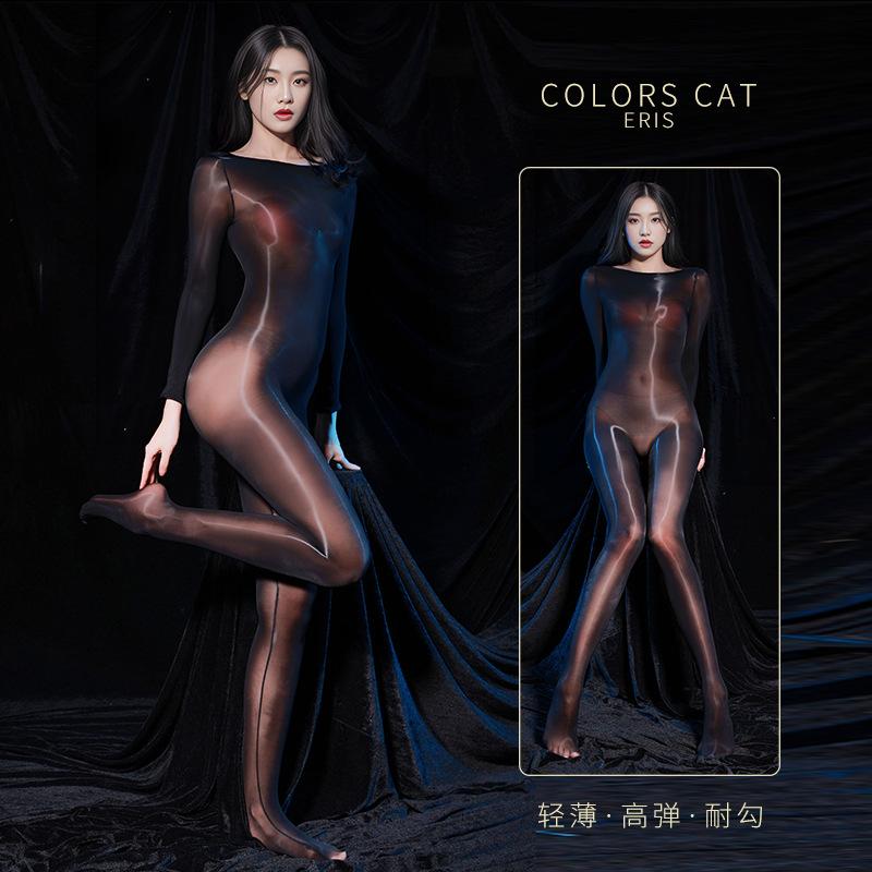 Sexy Glossy One-Piece Stockings Transparent Ultra-Thin with Penis Sleeve Erotic Silky Temptation Open-Crotch Full-Body Suit for