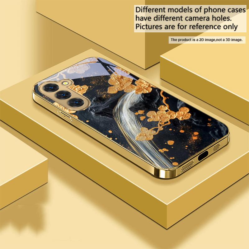 Golden Flower Branch For Samsung Galaxy S20 FE S21 S22 S23 Plus S24 Ultra 25Ultra S21+ S9+ S22Plus Golden Glass Phone Case