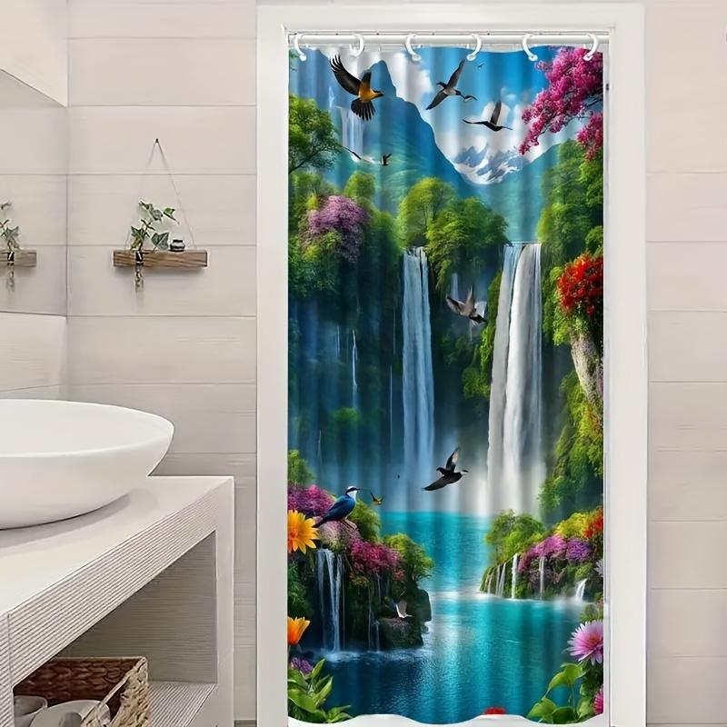 1pc Outdoor Waterfall Plant Pattern Shower Curtain, Durable Polyester Fabric - Multiple Sizes - with 12 Hooks - Machine Washable