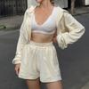Women's Sporty Casual Set: Solid Color Hooded Zip-Up Top & Low-Waisted Shorts