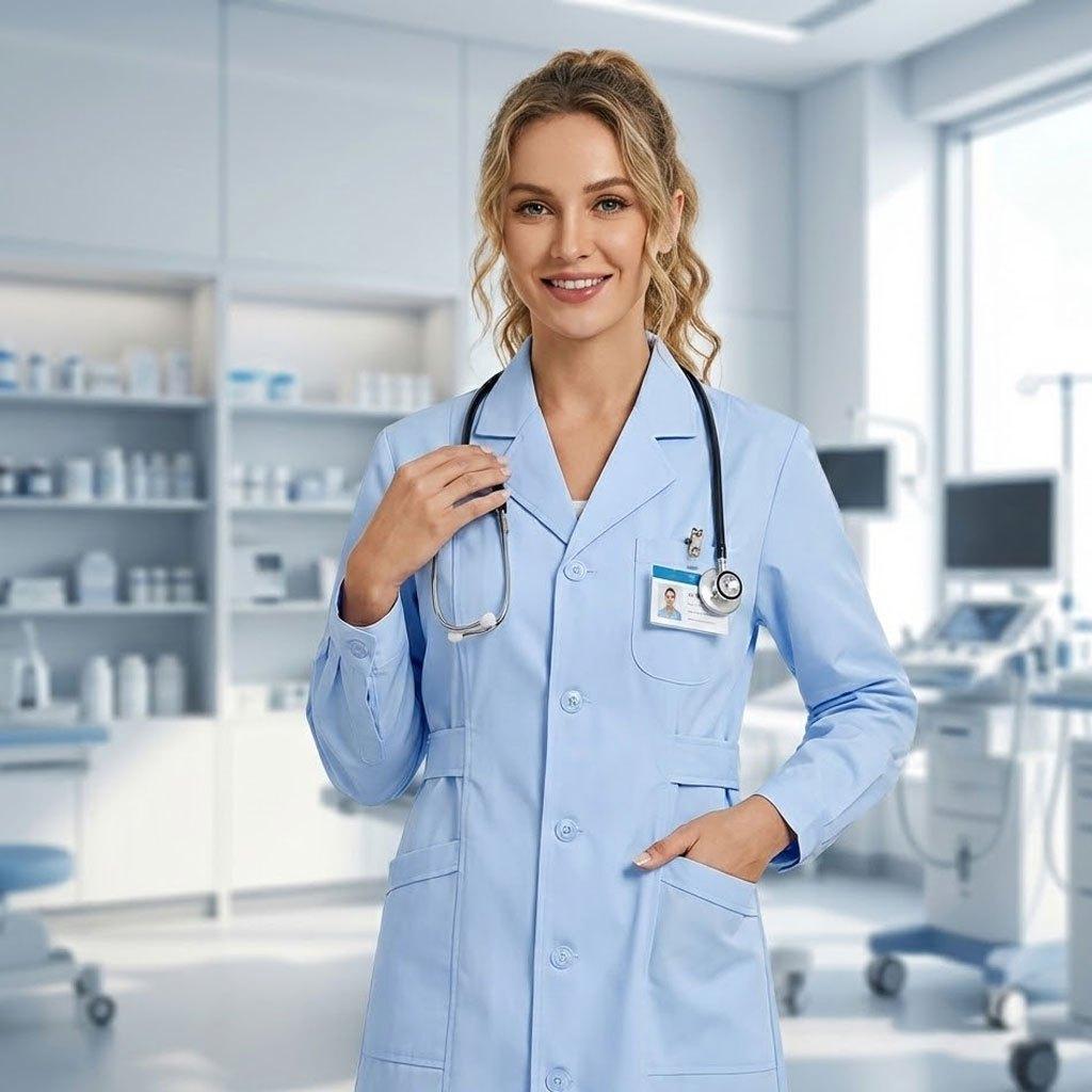 

Uniform Dental Hygienist Workwear Knee Length Scientist Work Overall Women s Blue Lab Coat Long Sleeve XXL