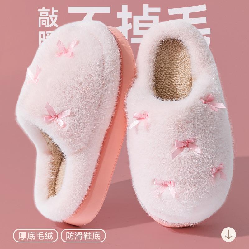Bow cotton slippers women's autumn and winter wear new fashion girl warm plush cotton mop