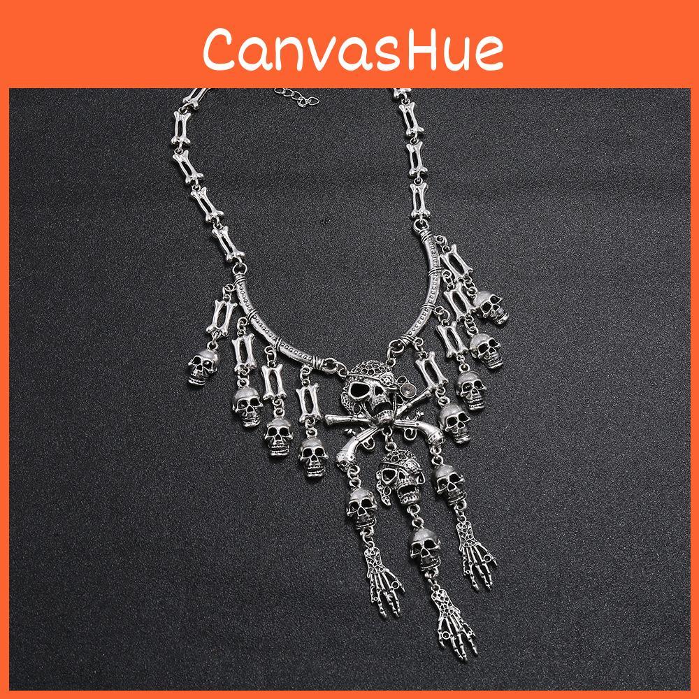 Vintage Skull Geometric Pendant Necklace With Tassel Chain For Gothic Fans Punk