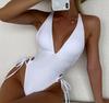 One Piece Swimsuit Deep V Neck Halter Backless Cut Out Side Tie High Leg Swimwear for Women Beachwear