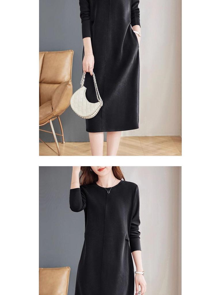 Elegant Plus-Size Purple Long-Sleeved Dress: Loose Slimming Straight Mid-Length for Spring & Autumn