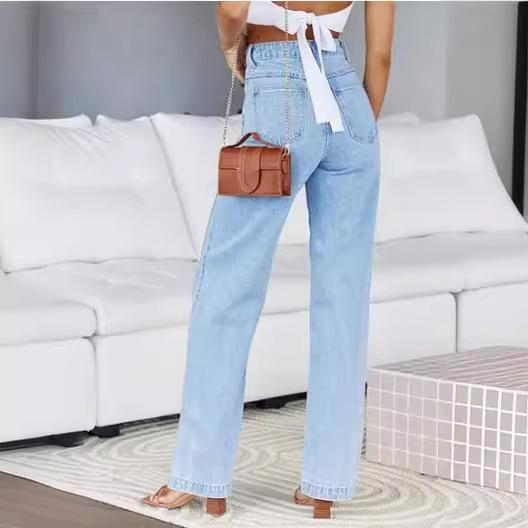Módní dámské džíny s vysokým pasem volné tenké univerzální rovné dámské džíny dámské