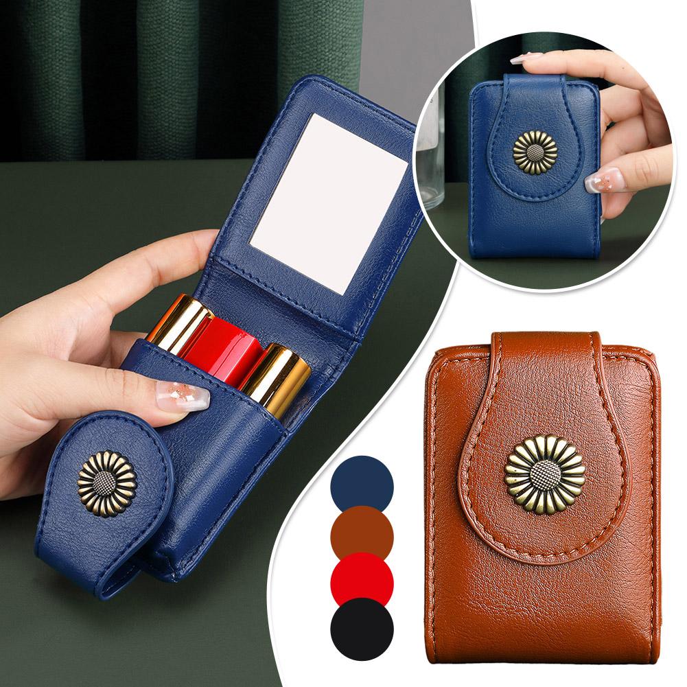 Fashion Leather Lipstick Case with Mirror - Multi-Color Sunflower Buckle Cosmetic Pouch Portable Makeup Storage Bag for Women
