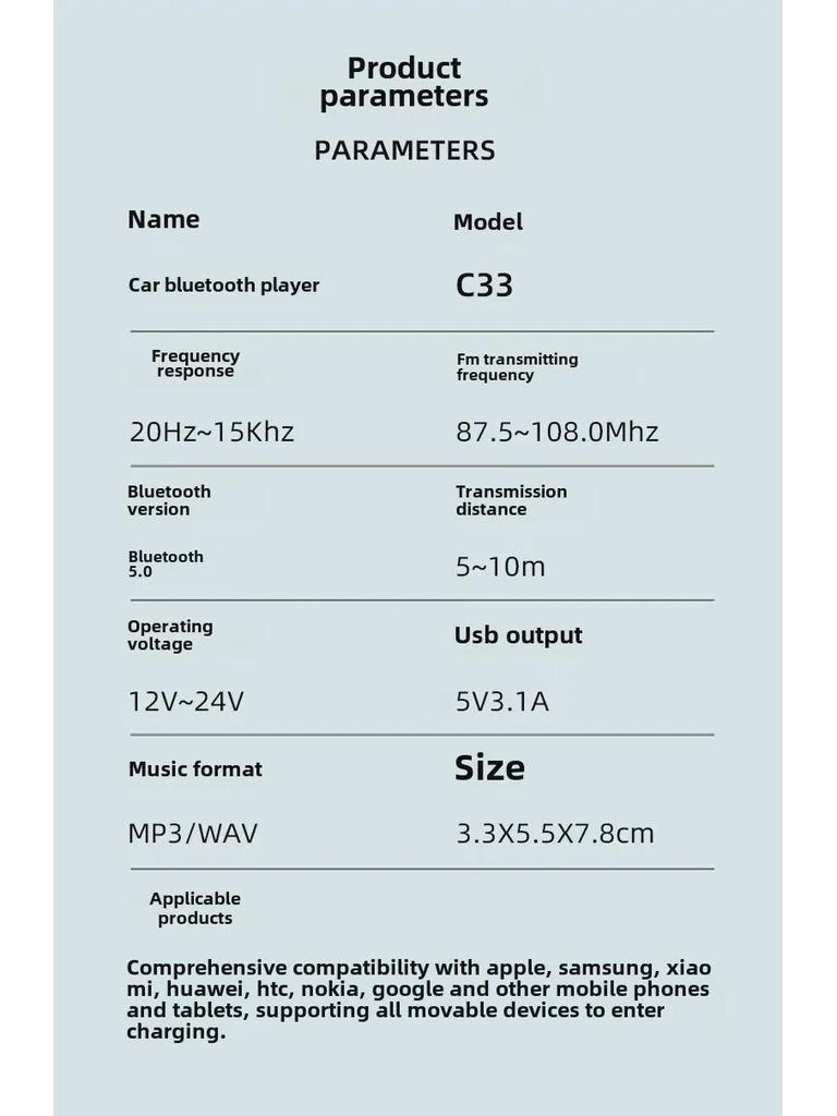 Transmițător FM Bluetooth C33 cu detectare a tensiunii și apeluri hands-free pentru mașină