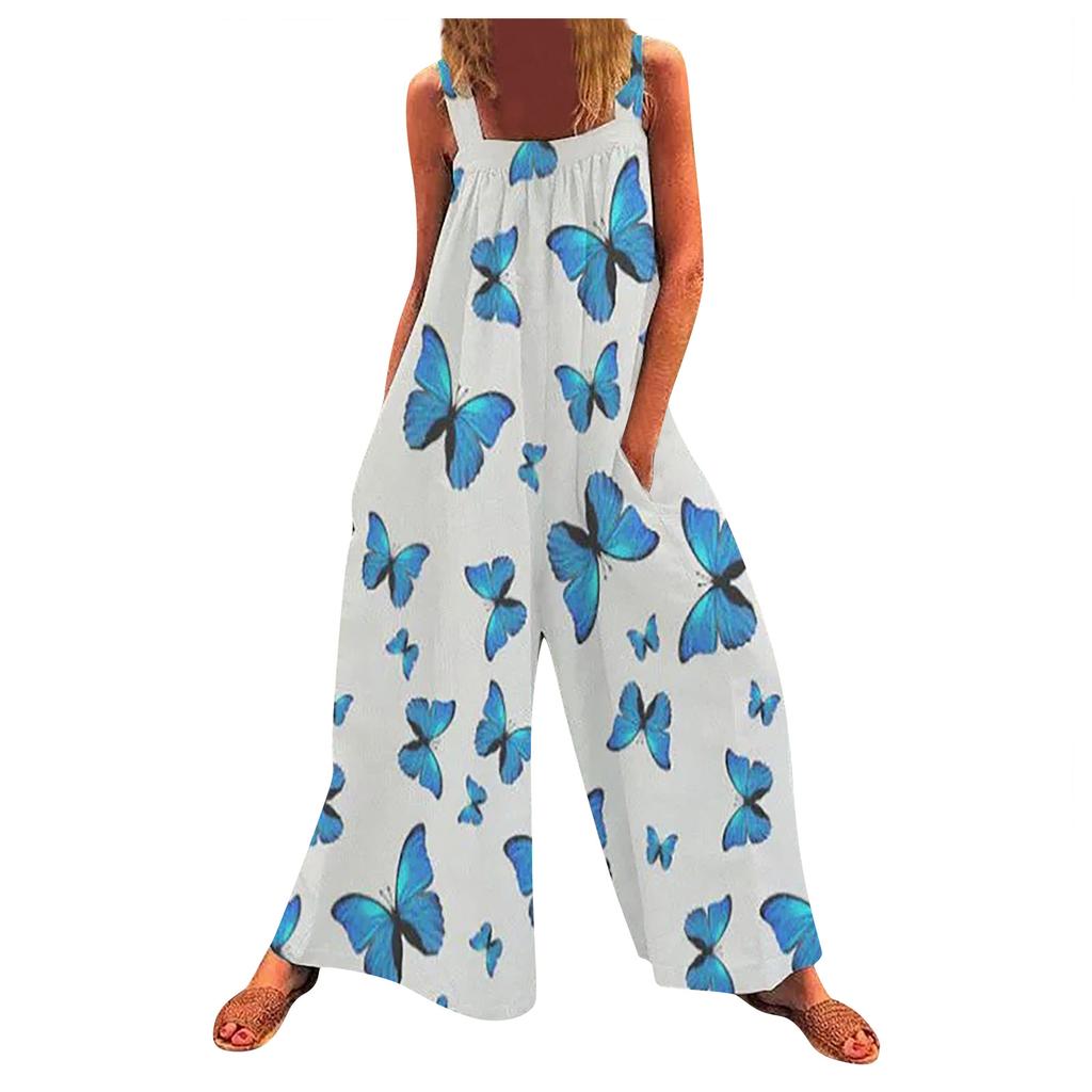 Damen-Overall, lässiger Druck, weites Bein, Overall, Latzhose, ärmellose Träger mit Taschen, Outfits
