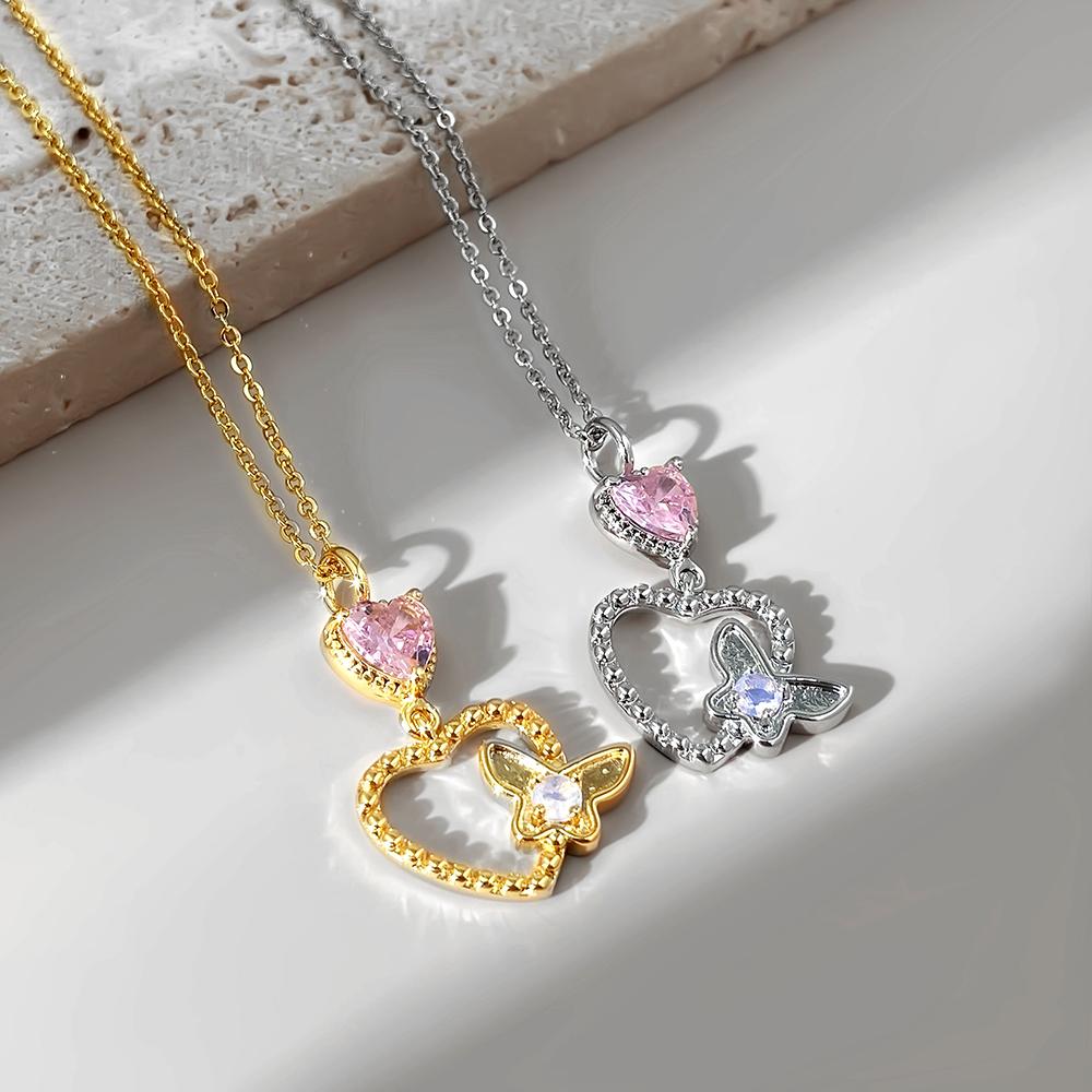 Damen 925 Sterling Silber Herz Schmetterling Halskette Vergoldet Rosa Zirkonia Stein Anhänger Eleganter Tägliche Wear Schmuck