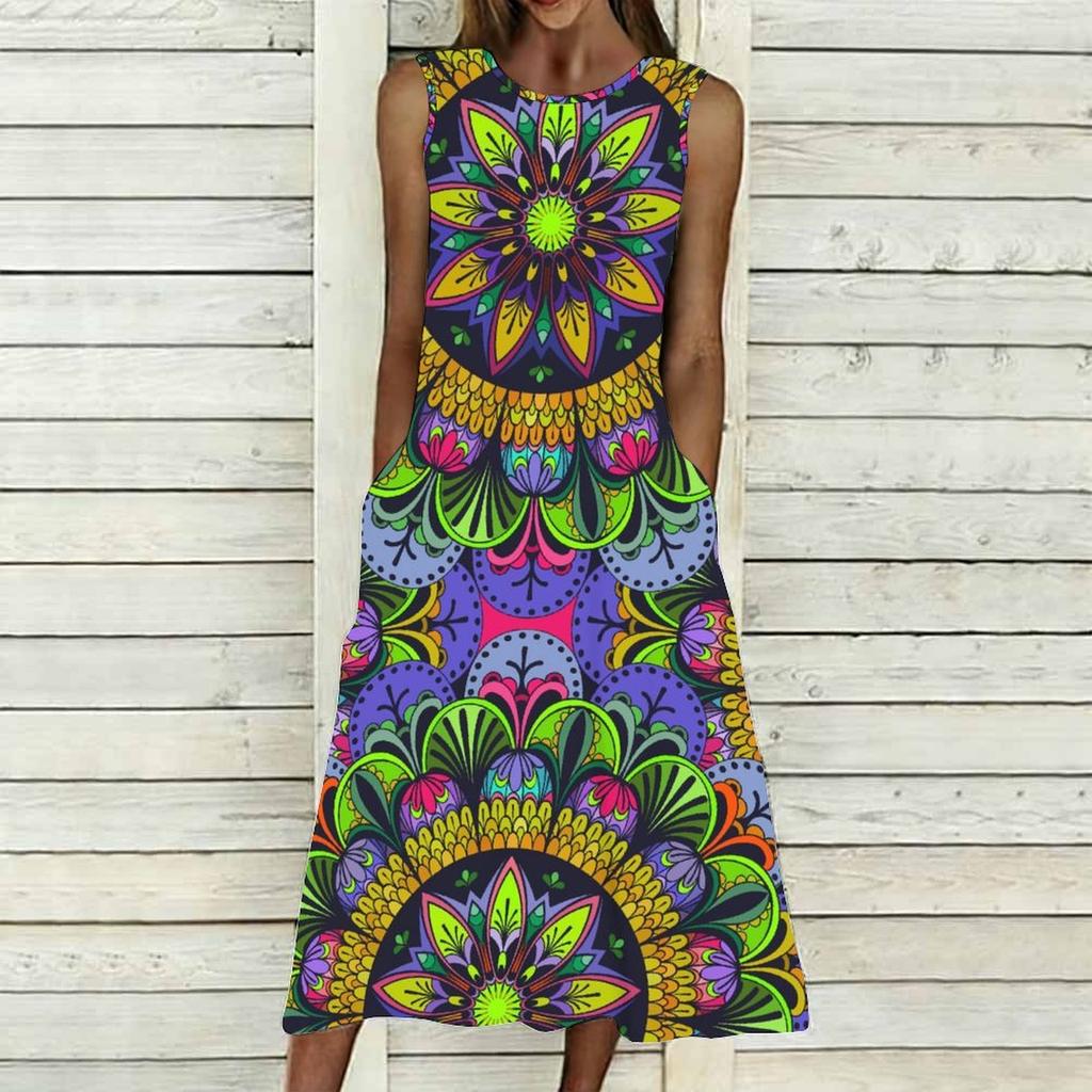 Women Oversized Sleeveless Crew Neck Dress Soft Watercolor Floral Loose Mid Calf Gown