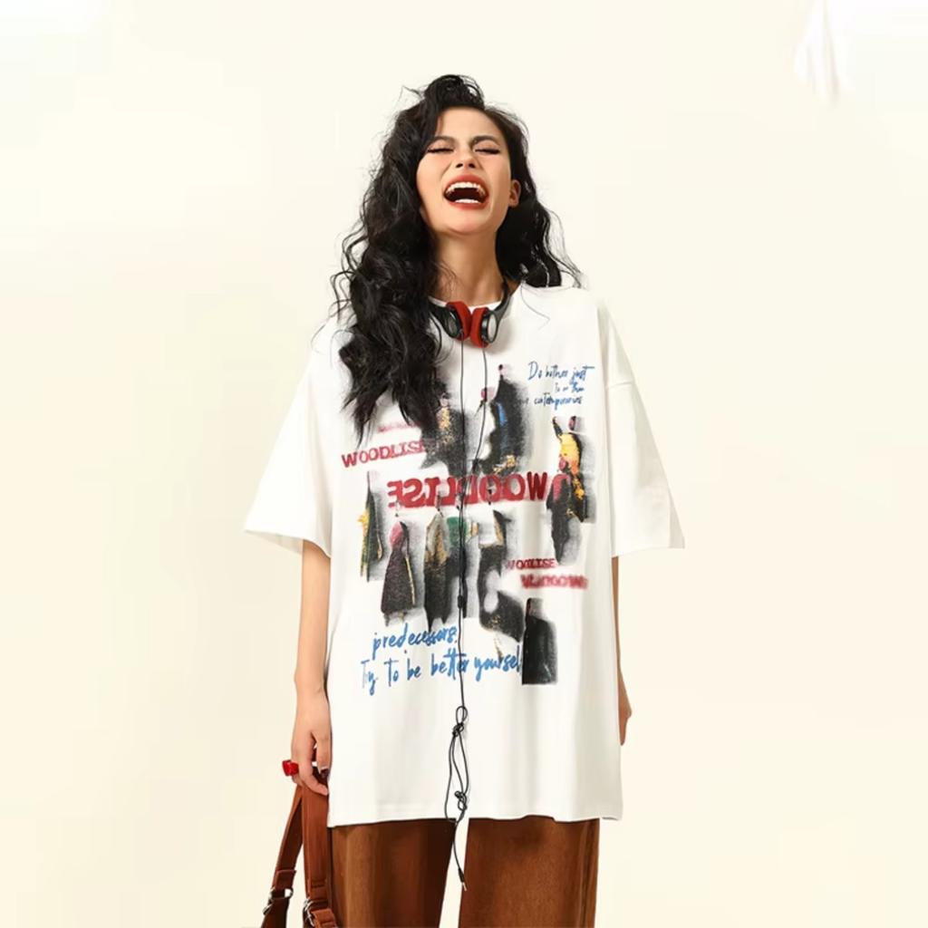 VibeStreet Wild American Retro Street Dyeing Letter Design Short Sleeve T-Shirt Unisex Summer Trendy Cotton round Neck Casual Top