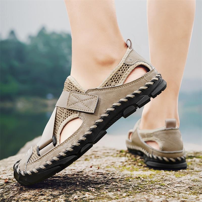 Herren Outdoor Wandersandalen Handgefertigt Sommer Römische Sandalen Retro Weit Geschlossene Zehen Grau Strand Wasserschuhe Übergröße