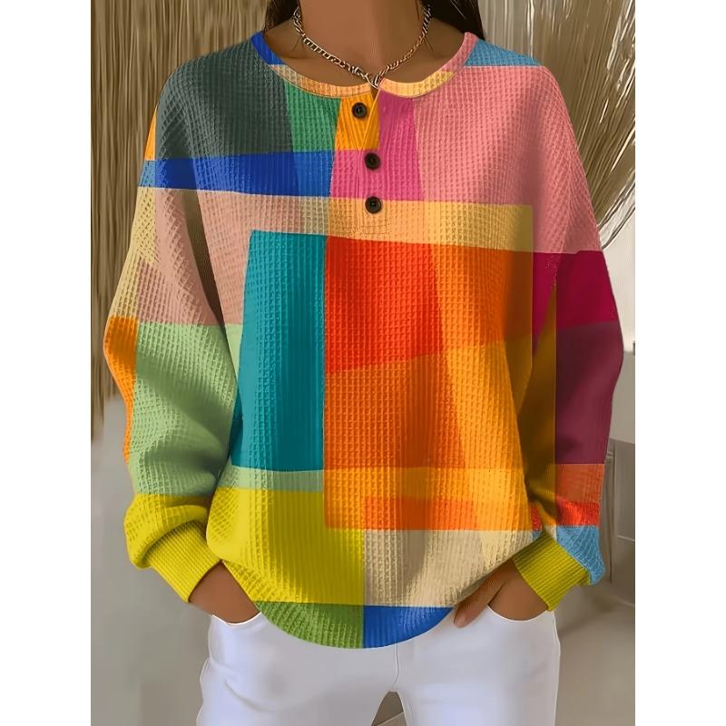 Damski wafelkowy top z długim rękawem w stylu europejskim i amerykańskim, Elegancki T-shirt z długim rękawem i nadrukiem do noszenia na co dzień i do pracy