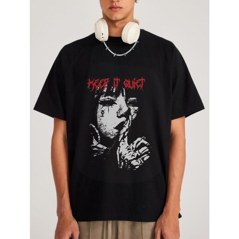 Black T Shirt Keep It Quiet Graphic Print With Face Design For Casual Streetwear Style