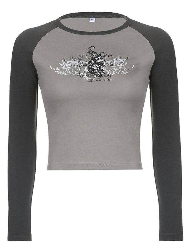 

Лоскутные топы для пикантных трендов, женская модная футболка с длинным рукавом с принтом, женская ранняя осень, уличная одежда с круглым вырезом, женская винтажная одежда S серый