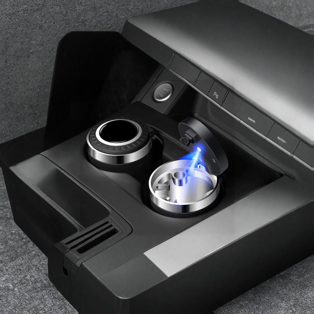 Car Ashtray with Lid LED Light Metal Liner One Open