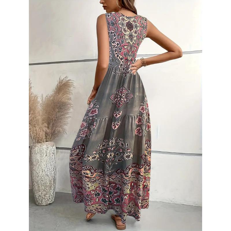 JKASHDK Kvinnemote Sommer Vårblomstmønster Print Ermeløs O-hals Løs midje Fritidskjoler