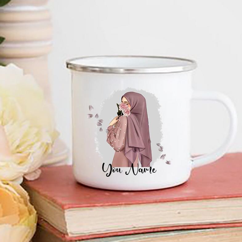 Personalised Hijabi Girl Printed Mug Coffee Cups Drinks Water Cup Muslim Girls Custom Name Enamel Handle Mugs Handle Eid Gifts