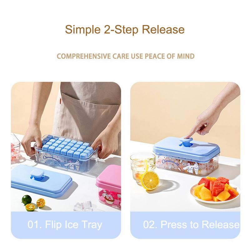 Push-Release Ice Cube Tray With Cartoon-Design, Includes Ice Scoop & Stackable Storage Bin With Lid, Easy To Fill & Release