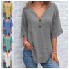 Sommer Damenhemd V-Ausschnitt Einfarbig Knopf Pullover Oberteil Basic Baumwollmischung All-Match Fledermausärmel Locker Blusen