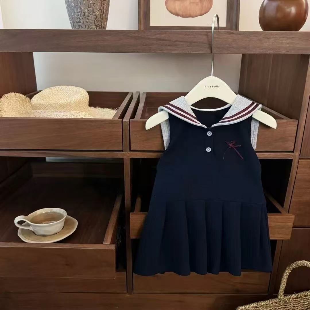 Preppy Sailor Collar Girls Sleeveless Dress, Mini Bow Pleated Navy Kids Casual Skater Dress 90cm тёмно-синий