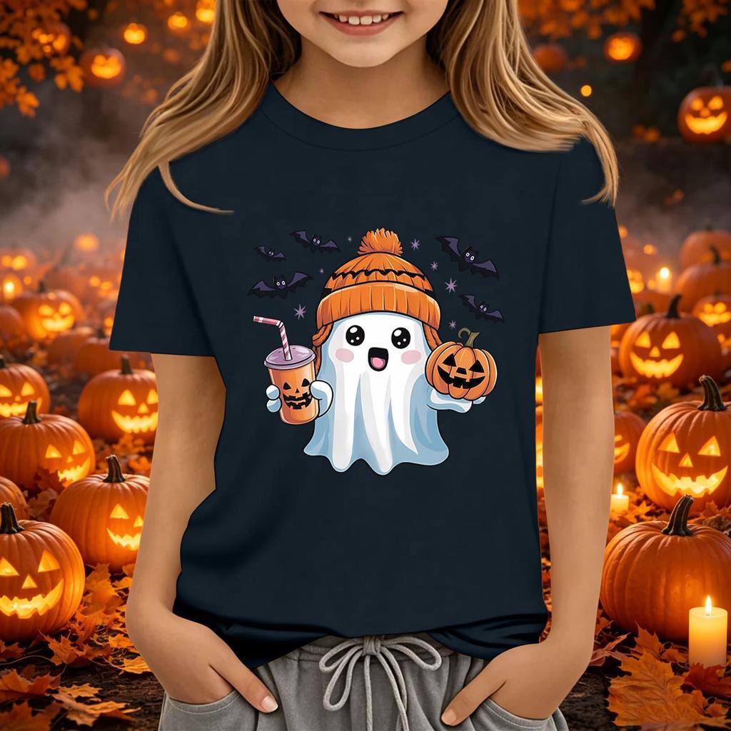Kids Halloween Printed Short Sleeve T-Shirt Loose Fit Round Neck Casual Tee