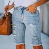 Fringed High-stretch Little Leg Pants Mid-waist Quarter Pants Ripped Jeans Woman