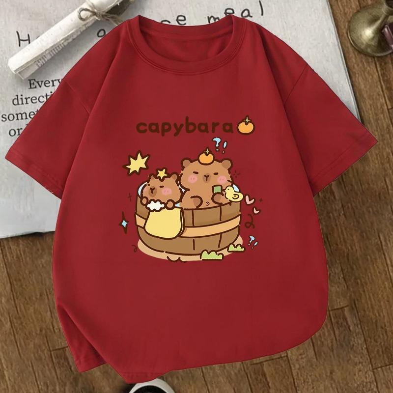 Kids Crewneck Short Sleeve Tee, Capybara Pufferfish Print Sports Casual Top for Kids