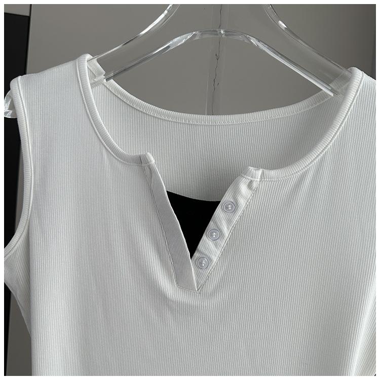 Fake Two-Piece Sleeveless Tank Top Casual Slim Fit Button Decor Summer Top Versatile Breathable Soft Material Flattering Slim Women Top