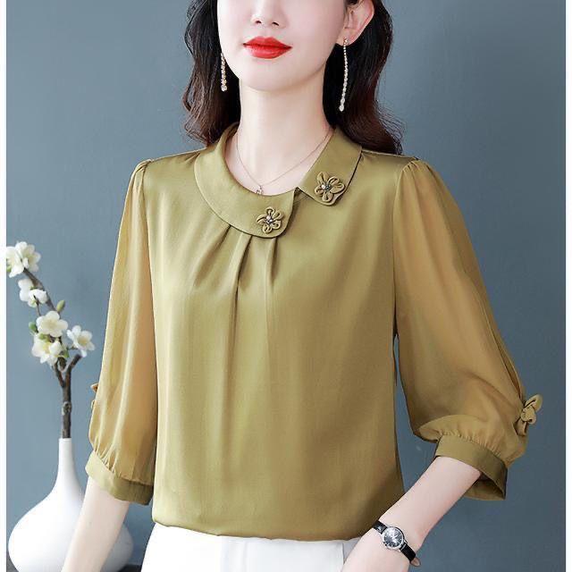 Camicia in chiffon a manica a tre quarti tinta unita Summer Plus con temperamento sciolto, camicetta piccola