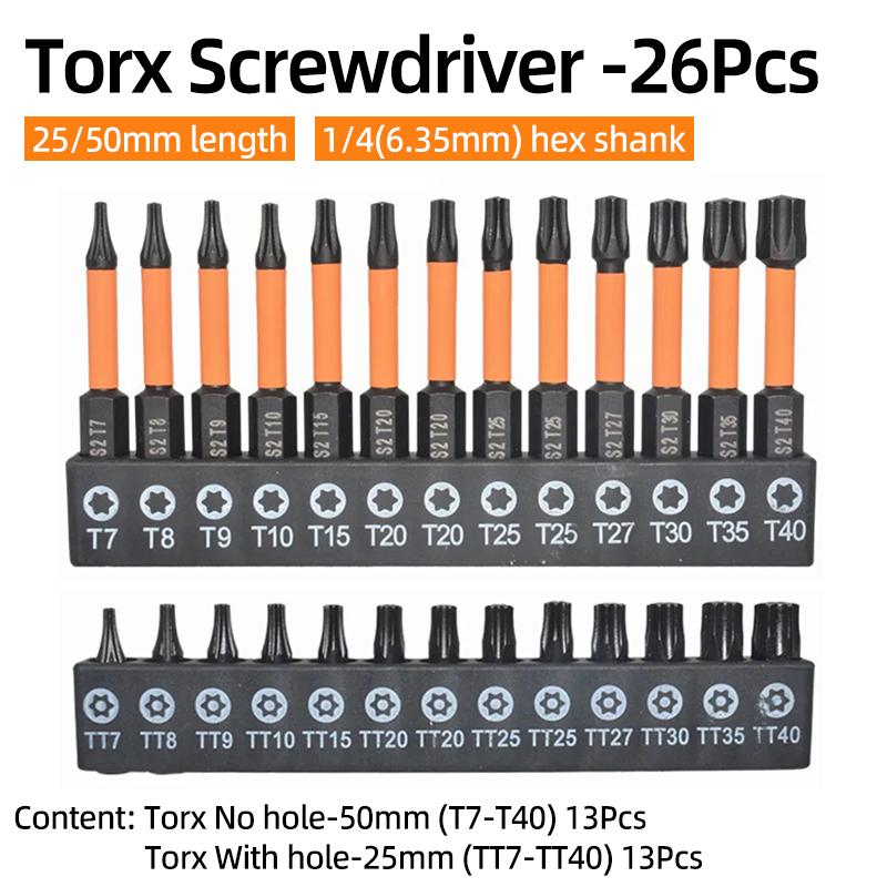 26Pcs Torx Screwdriver Bit Security Tamper Proof Magnetic Screwdrivers Bits Drill Star Plum Solid Hollow Screw Driver 1/4 Hex S2