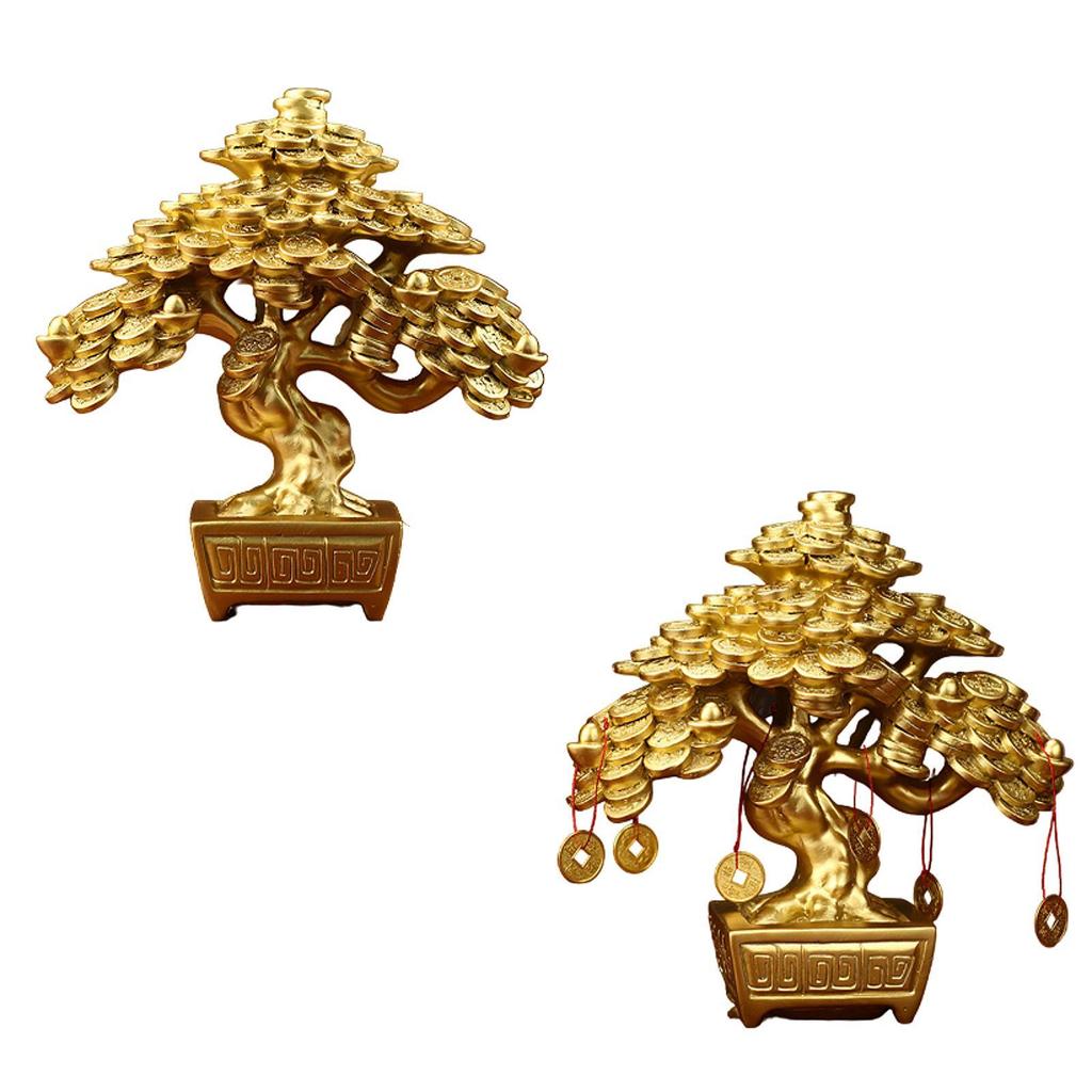 Chinese Money Tree Table Ornament Resin Figurine Lucky Tree Sculpture 6.8x3.5x7.6inch for Bedroom