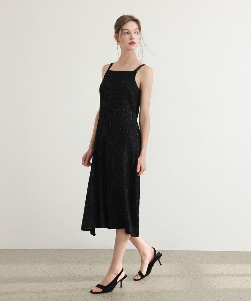 PLEATSMOOD Tweed Pleated Sleeveless Flare Dress