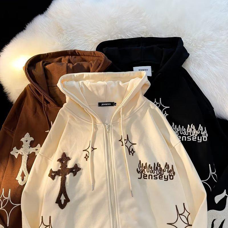 Men's Hooded Zip-Up Cardigan Sweatshirt with Cross & Flame Embroidery, Fleece-Lined, Trendy Loose Fit for Couples, Perfect for Spring and Autumn.