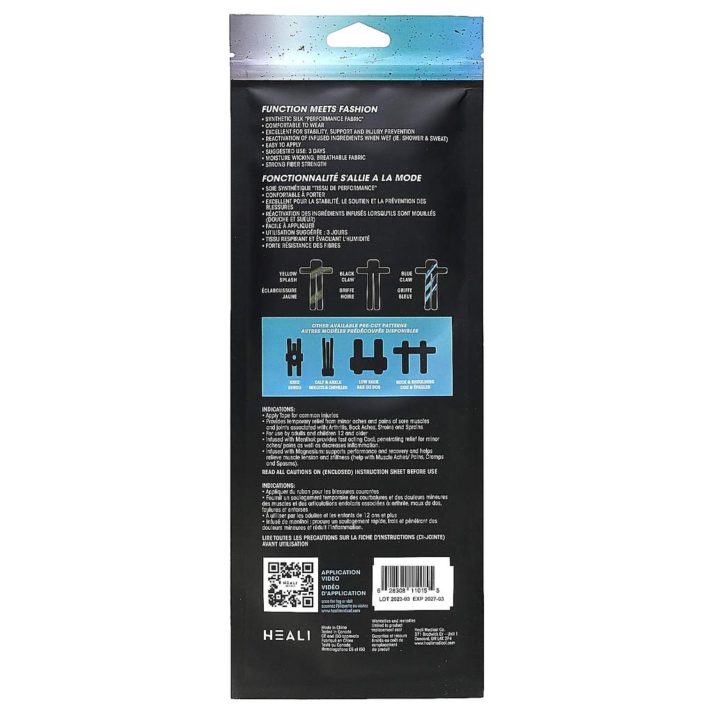 Breathable Elastic Kinesiology Tape, Shoulder/Hamstring, Precut 3 Pack