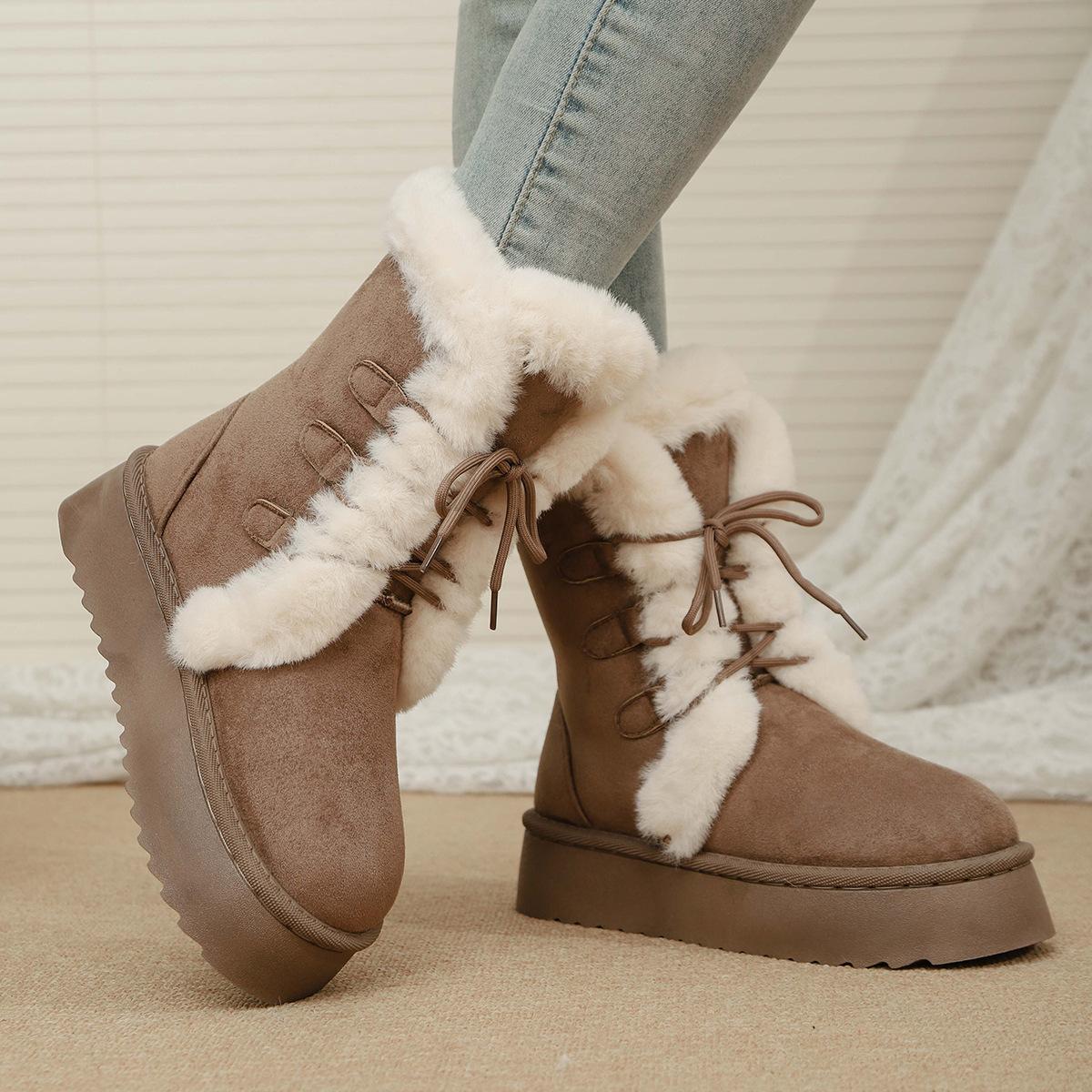 

Fashion Khaki Thick-soled Versatile High-top Snow Boots Women s 2025 Autumn/winter New Warm Height Increased Snow Boots Cotton Shoes 36