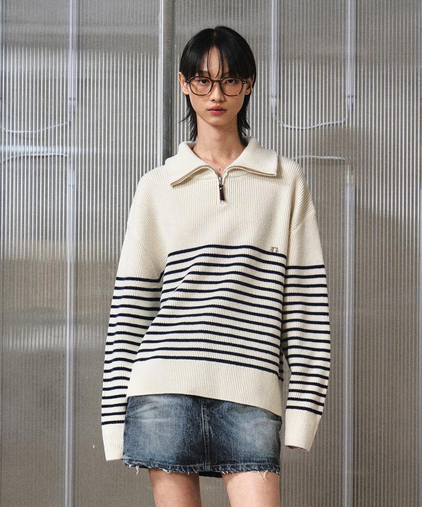 LMOOD Antwerp Stripe Ld Zip-Up Pullover Knit Ivory