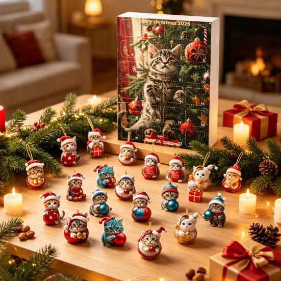 Collectible Cat Figures Advent Calendar, 24 Days Christmas Countdown Cute 2D Kitten Holiday Gift Box Ornaments for Party Tree Decor, Gifts Lovers