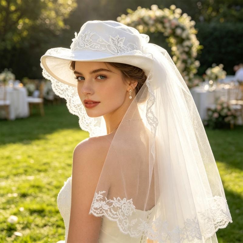 Elegant White Veil Cowboy Cap Wool Cosplay Hat for Western Theme Weddings and Outdoor Celebration Gathering Wear