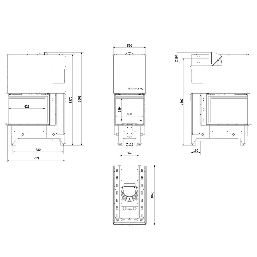 Steel Fireplace KRATKI REGNOR 500/700 8 kW Ø 200 3-sided