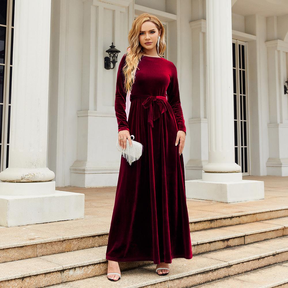 2025 Women's Velvet Maxi Dress, Elegant Socialite Style Solid Color Gown with Luxurious Texture, Formal Banquet Dress for Special Occasions