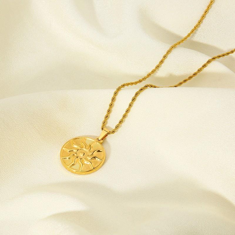 European and American retro niche plated 18K gold sun round brand pendant twist chain necklace stainless steel fashion sweater chain women