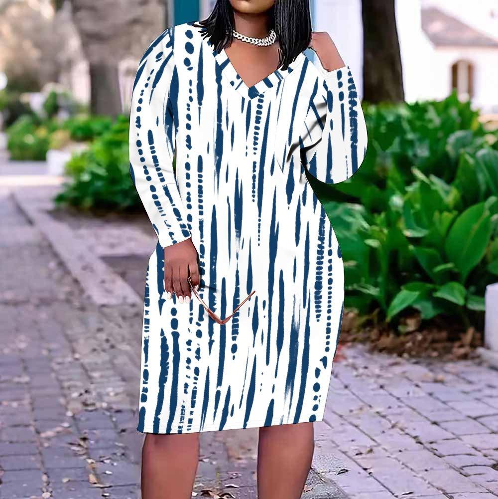 Women Plus Size V Neck Long Sleeve Pink Yellow Blue Printed Fitted Dress